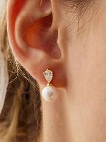 1 Pair Luxury Pearl & Zirconia Earrings For Women, Fashion Commuter Versatile Ear Studs With Premium Feel - Gold - View 3