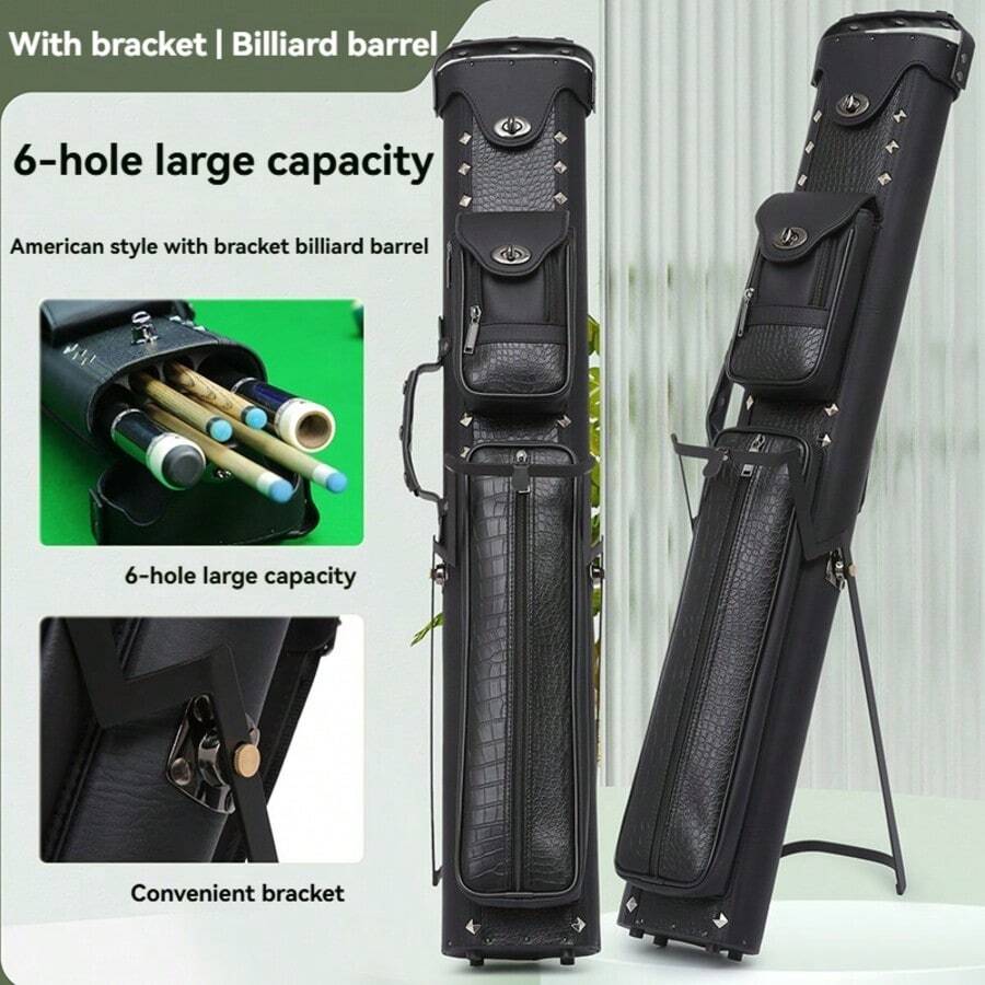 6-Hole 2x4 Billiard Cue Case, Made Of PU Material, Holds Three Shafts And Three Butts, Waterproof, Shockproof, With A Stand. Perfect For Every Pool Player – An Ideal Holiday Gift.