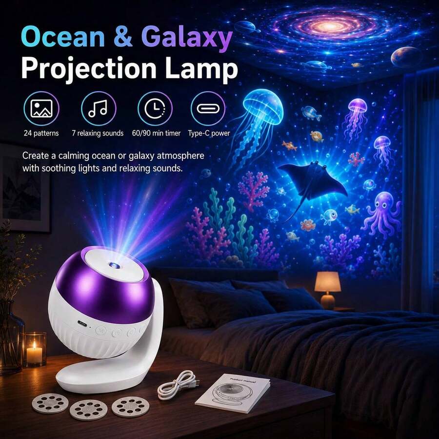 24-In-1 Star Projector Night Light With Timer - Interchangeable Film Discs, 24 Themes (Space, Ocean, Animals), 60/90Min Auto Off, USB Powered For Bedroom, Home Decor, Gift