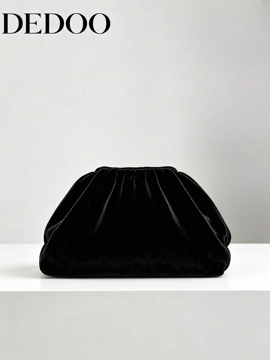 Dedoo Women's Black Velvet Clutch Bag, Soft Ruched Cloud Shape Handbag, Elegant Evening Party Wedding Clutch, Fashionable Shoulder Bag, Suitable For Daily Date Night - Black - View 1