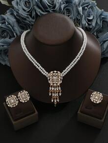 4pcs/Set,Gold Faux Pearl Necklace , Stud Earrings, Ring Jewelry Set, Tassel Crystal Rhinestone Pendant For Wedding Party Prom, Bridal Accessories - Gold - View 7