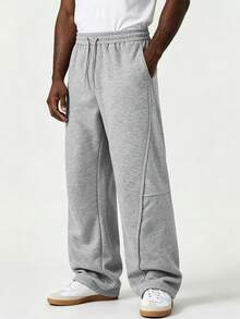 mulinsen Men's Solid Color Drawstring Elastic High Waist Split Wide Leg Floor Length Sweatpants, Heavyweight Fleece Fabric, 3D Multi-Panel Split Design With Contrast Stitching, Japanese Style, Casual Long Pants For Commute, Travel, Daily Wear - Grey - View 5