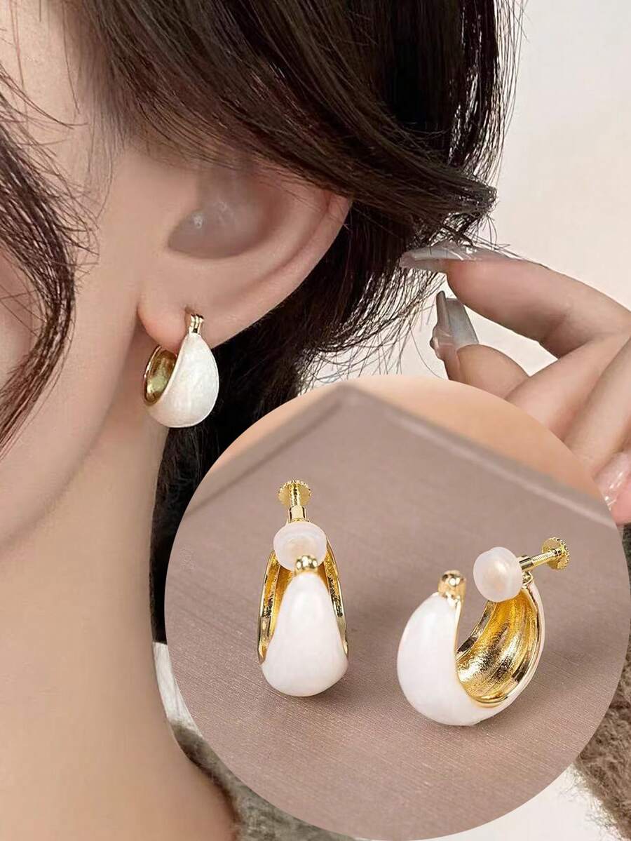 1 Pair Fashionable New White Oil Drop C-Shaped Earrings For Women, No Piercing Ear Clips With Adjustable Screw Backs, Suitable For Daily Wear