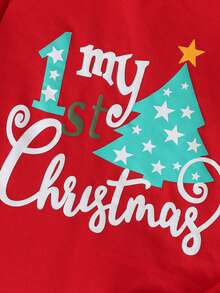 Cute Christmas Print Long Sleeve Bodysuit + Tulle Skirt + Headband 3 Pieces Set Outdoor Outfit - Red - View 3