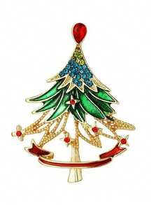 1pc Rhinestone Christmas Tree Brooch, Gold Enamel Red Ribbon Women's Lapel Pin, Suitable For Christmas Party, Suit, Coat, Scarf, Bag Decoration And Holiday Gift - Multicolor - View 3