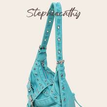 STEPHIECATHY Women's Shoulder Bag Retro Brush Off Color Washed PU Vegan Leather Buckle Belts Metal Eyelets Decoration Punk Y2K Style Adjustable Strap Hobo Handbag - Multicolor - View 8