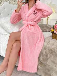 Women's Plush Heart Embroidered Robe, Soft And Comfortable Autumn/Winter Loungewear, Cream Color Plush Bathrobe, Women's Fluffy Plush Robe - Heart Purple - View 2