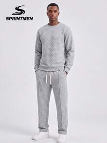 2pcs Gray Plaid Embossed Crew Neck Men's Set, Men's Long Sleeve Sweatshirt Set, Men's Drawstring Pants, Textured Plaid Design, Casual Sports Style, Campus, Friends Gathering, Commuting, Short Trips - Grey - View 1