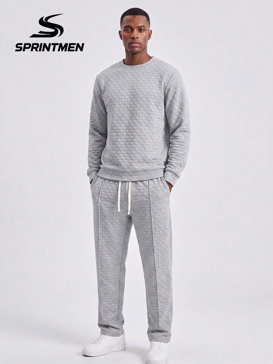 2pcs Gray Plaid Embossed Crew Neck Men's Set, Men's Long Sleeve Sweatshirt Set, Men's Drawstring Pants, Textured Plaid Design, Casual Sports Style, Campus, Friends Gathering, Commuting, Short Trips - Grey - View 1