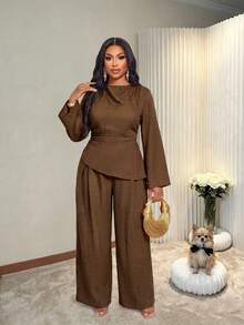 BIUBIU Fall Business Casual Plus Size Women Curve 2 Pieces Set Brown Asymmetrical Ruched Top And Wide Leg Non-Stretch Pants For Office Or Going Out - Brown - View 4