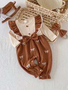 2pcs Baby Girl Lace Trim Flutter Sleeve Ribbed Corduroy Bow Embroidery Long Sleeve Romper And Matching Bow Headband Set, Vertical Striped Corduroy Infant Spring Autumn Outfit - Multicolor - View 1