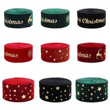 1PC 2.5cm Green & Ribbon With Gold Foil Christmas Holiday Decoration Gift Box Packaging Bow Ribbon, Christmas Decor Burgundy Velvet Christmas Letter Star Ribbon DIY Christmas Tree Bow Ribbon Webbing - Multicolor - View 1
