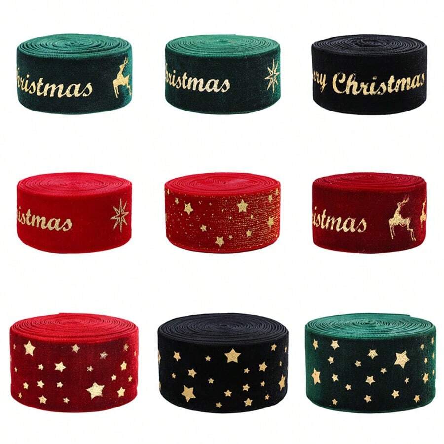 1PC 2.5cm Green & Ribbon With Gold Foil Christmas Holiday Decoration Gift Box Packaging Bow Ribbon, Christmas Decor Burgundy Velvet Christmas Letter Star Ribbon DIY Christmas Tree Bow Ribbon Webbing - Multicolor - View 1