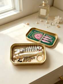 Retro Sardine‑Shaped Mini Jewelry Box, Fish‑Bone Divider Design With Snap Lock Closure, Portable Small Storage Case For Earrings Rings Necklaces, Vanity Dorm Desk Organizer, Cute Travel Accessory, Unique Gift For Girls Students - Multicolor - View 1