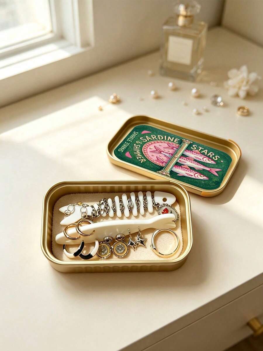 Retro Sardine‑Shaped Mini Jewelry Box, Fish‑Bone Divider Design With Snap Lock Closure, Portable Small Storage Case For Earrings Rings Necklaces, Vanity Dorm Desk Organizer, Cute Travel Accessory, Unique Gift For Girls Students - Multicolor - View 1