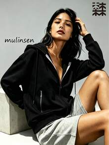 mulinsen Women's Sports Zip-Up Sweatshirt, Adjustable Drawstring Hood, Metal Zipper, Windproof, Skin-Friendly, For Sports And Fitness - Black - View 2