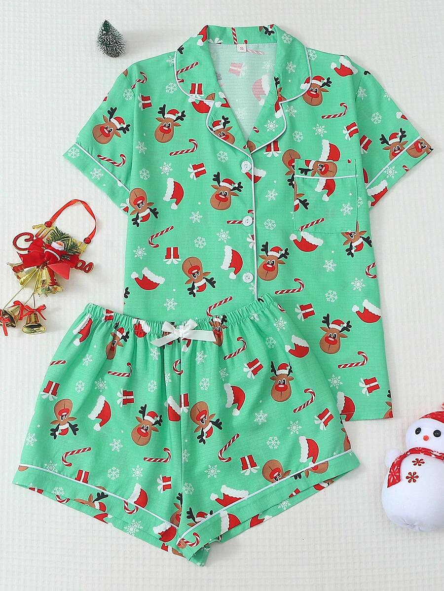 2pcs Comfortable Christmas Reindeer Print Short Sleeve Collared Top And Bowknot Shorts Women's Pajama Set - Green - View 1