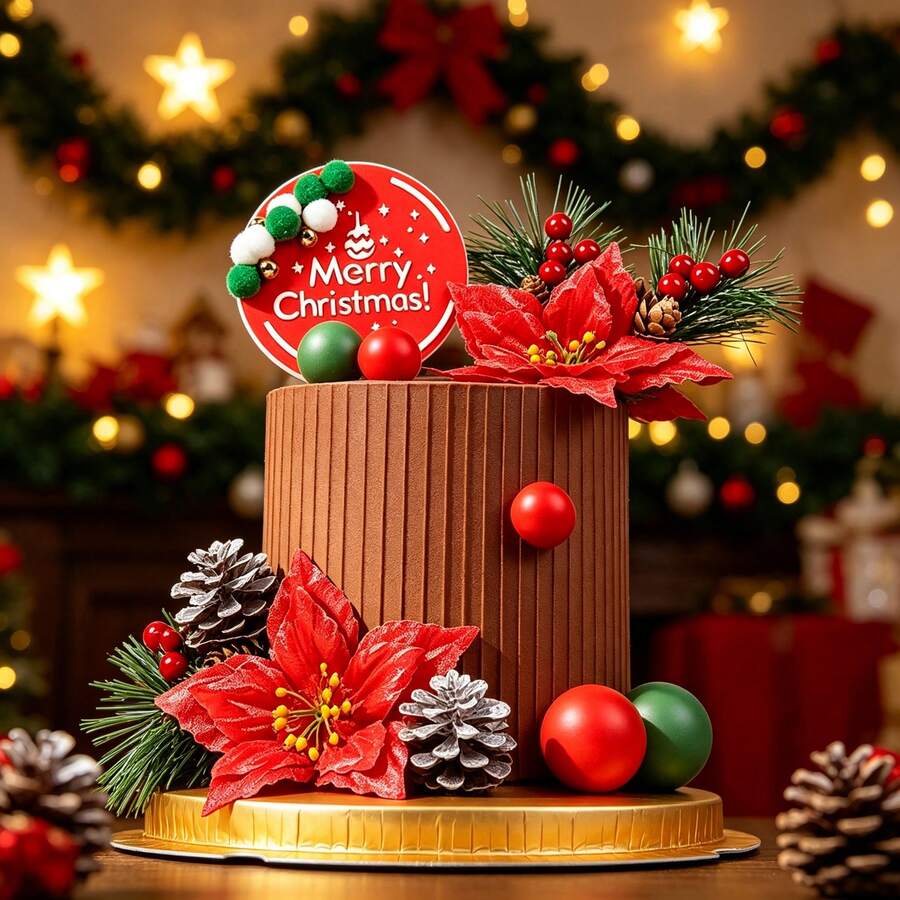 13 Buah Hiasan Kue Natal, Bunga Buatan Merah, Jarum Pinus, Buah Beri Merah & Tusuk Buah Pinus, Dekorasi Kue Tema Merah Natal, Set Hiasan Kue Cupcake untuk Pesta Liburan - MultiWarna - View 1