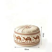 Vintage Bohemian Camel Print Ottoman Pouf, Premium Waterproof Faux Leather Round Stool, Stitched Padded Top, Versatile Footrest Extra Seating, Decorative Storage Bench For Boho, Mid-Century & Modern Home Interior - Multicolor - View 10