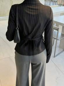 Women Fall Elegant Casual Black Pinstripe Collared Long Sleeve Blouse For Office Work Daily - Black - View 4