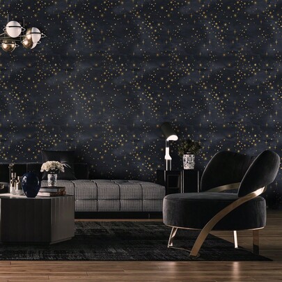 1 Roll Thick Starry Night Starry Sky Wallpaper, 17.7*118.1 Inches, Vinyl Removable Self-Adhesive Material, Excellent Waterproof Performance, Deep Blue Background With Gold Star Pattern, Suitable For Bedroom, Living Room, Dining Room And Various Furniture Surfaces, Used For Home Renovation And Decoration, Self-Adhesive Peel And Stick Easy Application, No Residue After Removal, DIY Transformation Easy Operation, Decorate Home Space To Create Romantic And Quiet Atmosphere, Practical Soft Decoration Transformation Item
