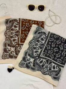 Women Retro Paisley Print Triangle Scarf, Beige Base With Contrast Tassel Fringe, Soft Neck Bandana For Daily Casual Outfit - Multicolor - View 5