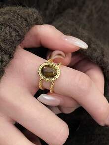 17KM 3pcs Simple Fashion Metal Geometric Faux Tiger Eye Stone Autumn/Winter Maillard Stackable Fashion Ring Set For Women, Vacation, Date, Gift, Daily Casual, Party, Wedding, Matching, Gift - Brown - View 4