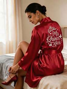 Burgundy Satin Morning Robe With Crown Embroidery, Long Sleeve, Wrap Tie Waist, Suitable For 15th Birthday Celebration, Party Prep Or Home Leisure Wear - Red - View 5