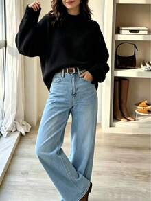 Suéter casual de unicolor acanalado para uso diario en otoño/invierno, negro - Negro - Ver 3