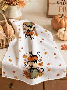 2pcs Autumn Halloween Cute Pumpkin & Black Cat Pattern Kitchen Towels, Soft Polyester Dish Cloths, Suitable For Kitchen Decor, Kitchen Cleaning, Holiday Party Decoration, Kitchen & Bathroom Supplies, Home Essentials, Home Decor, Housewarming Gift - Multicolor - View 3
