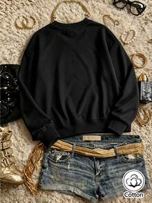 Women's Loose Fit Crew Neck Sweatshirt With Floral Print & Letter Graphic, Breathable Casual Pullover For Spring & Autumn Daily Wear - Black - View 6
