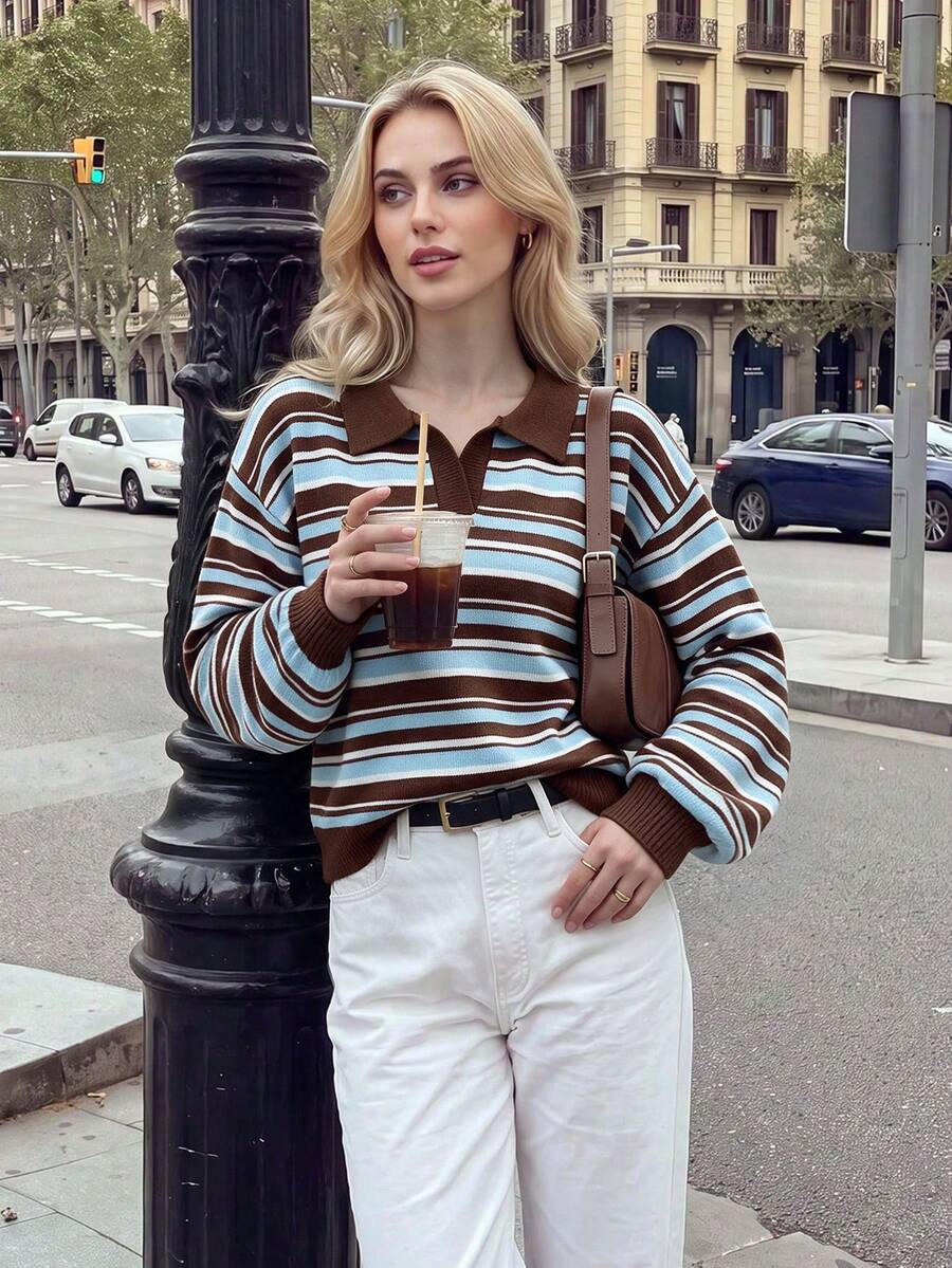 Nicenter Women's Fall Winter Brown Baby Blue Stripe Polo Collar Drop Shoulder Wool Blend Sweater, Casual Simple For Office Daily Home Date - Multicolor - View 1