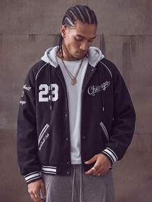 MAISONFOX 男士時尚字母印花拼色連帽夾克，男士棒球夾克，長袖大學棒球夾克，80年代風格男士穿搭 - 黑色 - 查看 6