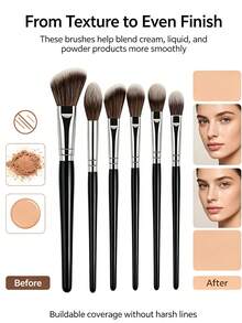 Professional 6pcs Face & Eye Makeup Brush Set, Soft Synthetic Bristle Makeup Brushes, Suitable For Foundation, Blush, Contour, Highlighter, Eyeshadow, Daily Makeup Tools - Black - View 1