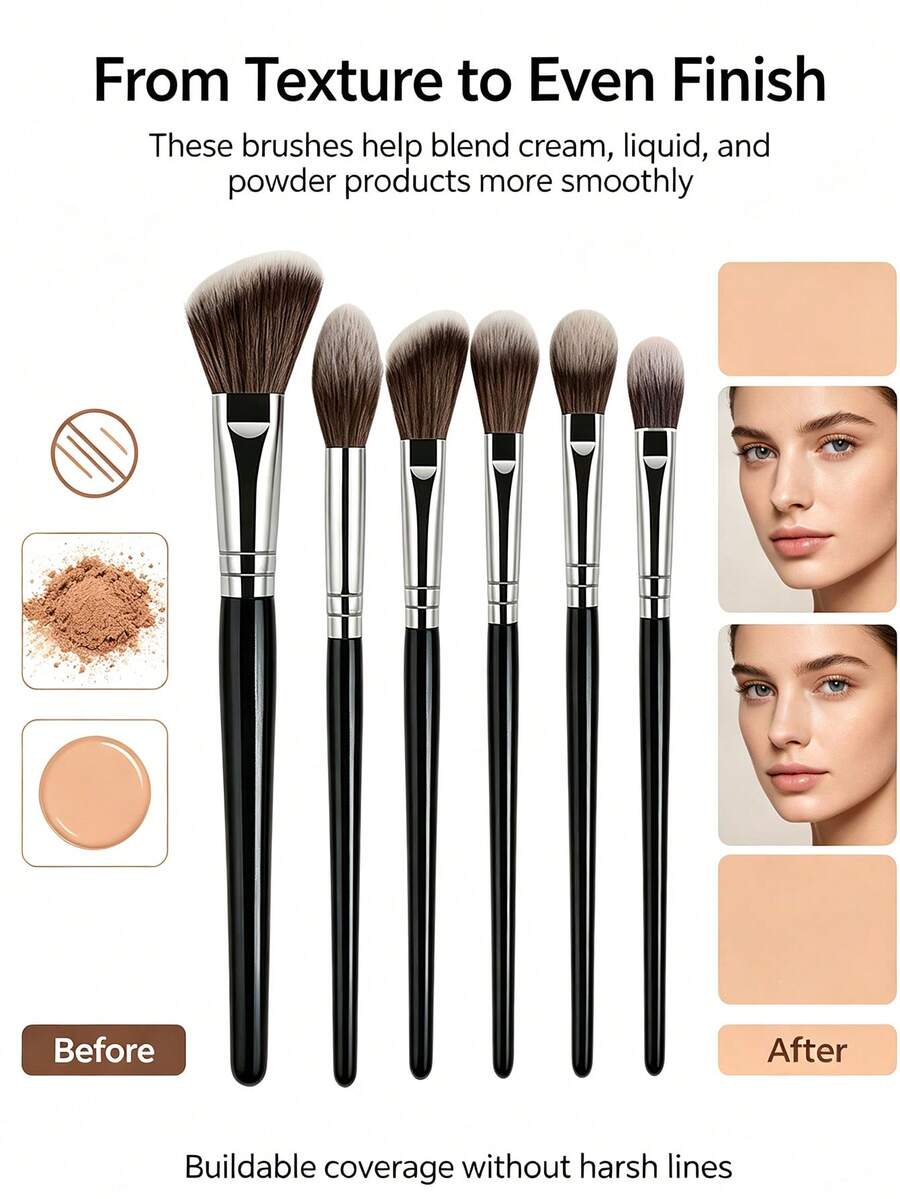 Professional 6pcs Face & Eye Makeup Brush Set, Soft Synthetic Bristle Makeup Brushes, Suitable For Foundation, Blush, Contour, Highlighter, Eyeshadow, Daily Makeup Tools - Black - View 1