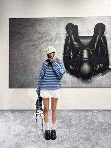 Women's Autumn/Winter New Loose Striped Preppy Style Pullover Polo Knit Sweater - Blue - View 4