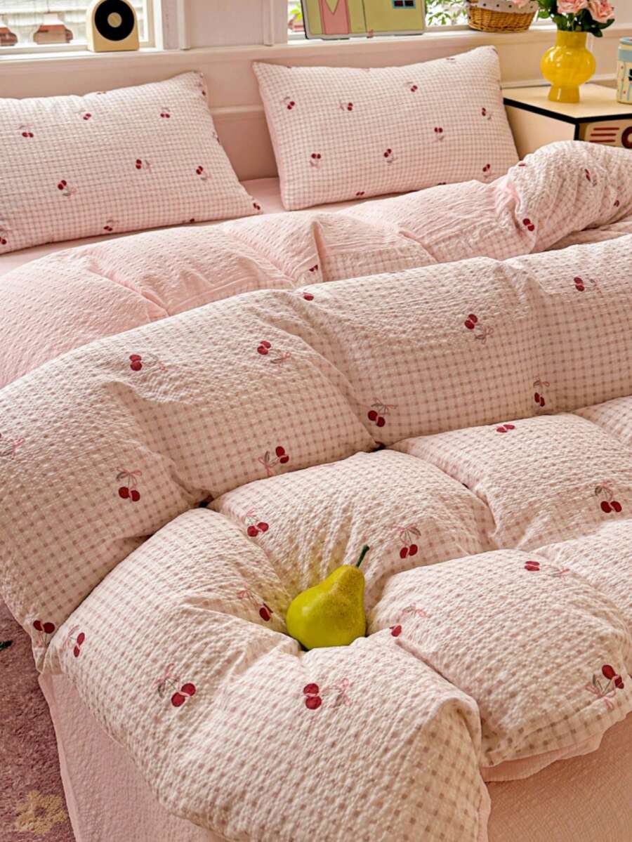 Comfortable Bedding Set, Red Cherry Bow Print, Light Pink Plaid Pattern, Includes 1*Duvet Cover+1/2*Pillowcases, 100% Polyester, With Tie And Zipper Design, Comfortable Touch, Soft Fabric, No Filling - Baby Pink - View 1