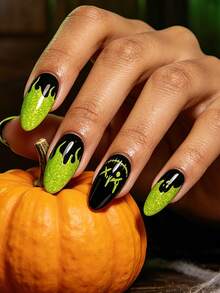 Showyboo Semi-Cured Gel Nail Stickers 20pcs, Neon Green & Black Halloween Gel Nail Stickers, Drip Flame Ghost Stitched Face Pattern, High Gloss Nail Stickers, Suitable For Halloween Party Costume, Punk Style Portrait Photography - Multicolor - View 8