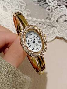 2pcs Women's Fashion Luxury Quartz Watch, Exquisite Oval Rhinestone Watch, Paired With Rhinestone Bracelet Jewelry Set, Suitable For Daily Wear, Holidays And Parties, Perfect Gift For Women. - Gold - View 6