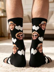 1 Pair Personalized Face & Text Mid-Calf Socks, Custom Photo & Name Gift, Fun Socks For Valentine's Day, Birthday, Christmas, Couples & Anniversary - Black - View 4