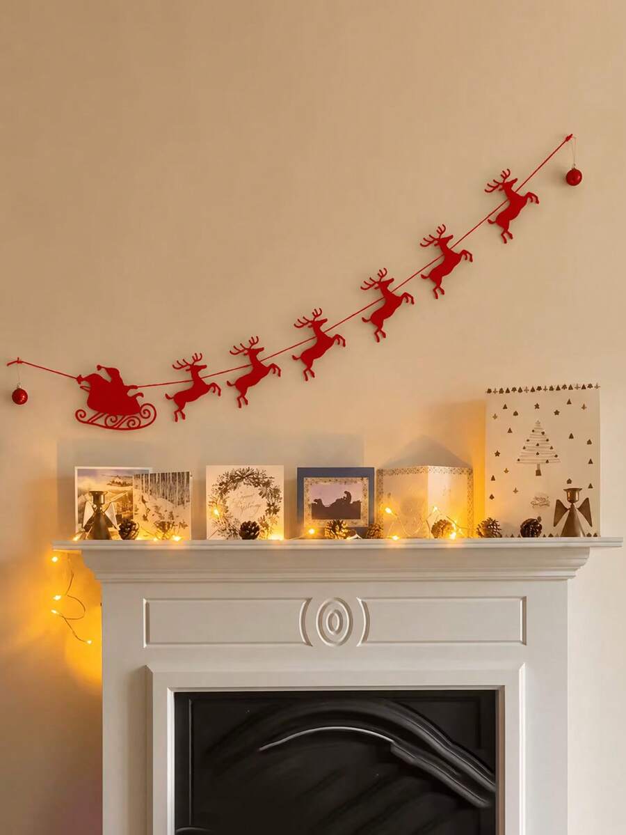 Merry Christmas Santa Sleigh Reindeer Felt Garland, Xmas Fireplace Mantel Banner, Winter Holiday Home Wall Hanging Decor