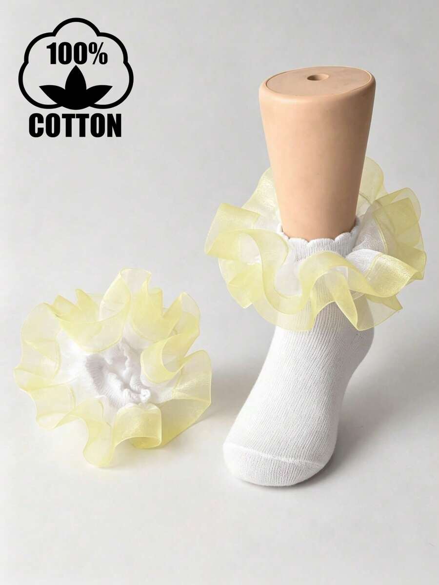 1 Pair Baby Girl Princesscore Ruched Hem Pleated Lace Trim Cotton Soft Cute Casual Socks For Back To School Daily - Multicolor - View 1