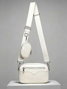 2pcs/Set Embroidered Men's Crossbody Bag Mini Key Pouch PU Leather - Beige - View 2