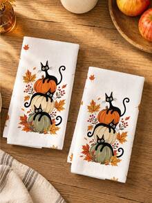 2pcs Autumn Halloween Cute Pumpkin & Black Cat Pattern Kitchen Towels, Soft Polyester Dish Cloths, Suitable For Kitchen Decor, Kitchen Cleaning, Holiday Party Decoration, Kitchen & Bathroom Supplies, Home Essentials, Home Decor, Housewarming Gift - Multicolor - View 5