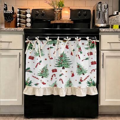 Kitchen Curtains,Oven Curtain,Oven Skirt,Two-Dimensional Flat Kitchen Appliance Cover, With Tie-Top And Ruffled Hem--Multi-Functional Oven Cover, Suitable Ovens, Stoves, Microwaves, And Dishwashers, Can Be Hung, Semi-Cover Design, Used