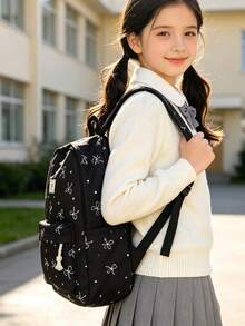 3-Piece Set - Girls' School Style Bow Pattern Backpack Combination, Large Capacity Nylon School Daily Bag, Campus Backpack, Matching Lunch Bag And Pencil Case, Multi-Layer Storage Casual Backpack Set, Travel Backpack Set, Suitable For Girls, Students, Children, Ideal For Back To School, Daily Commute, Shopping, Short Trips And Outdoor Leisure Travel - 2327 - View 6