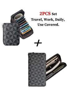 HOVI'S Men's 2-Piece Checkered Credit Card Holder Set - Textured Faux Leather Zipper Clutch Wallet With Wrist Strap & Phone Storage + Organizer Card Holder - Black - View 1