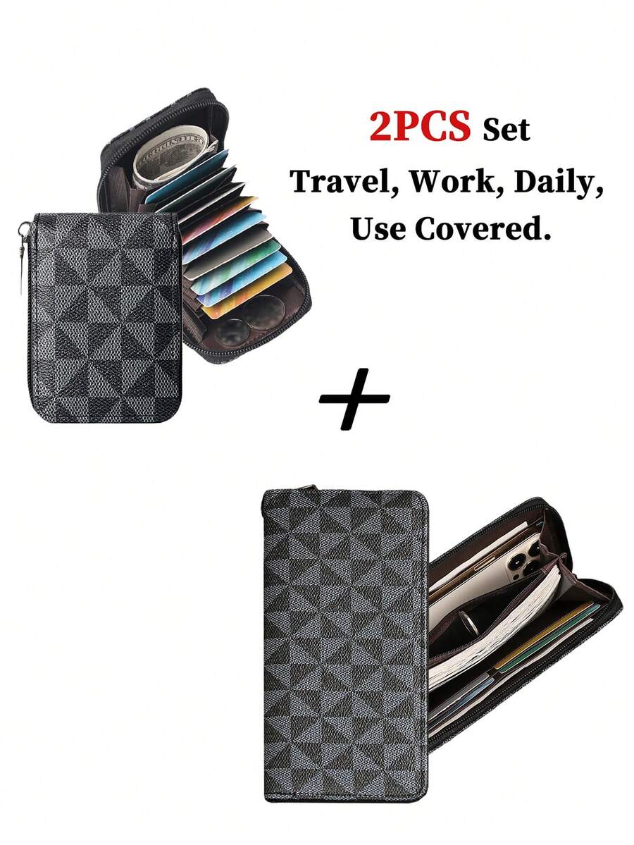 HOVI'S Men's 2-Piece Checkered Credit Card Holder Set - Textured Faux Leather Zipper Clutch Wallet With Wrist Strap & Phone Storage + Organizer Card Holder - Black - View 1