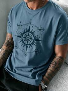 Men's Casual Graphic Printed Short Sleeve T-Shirt, Classic Fit Crew Neck Graphic Tee - Dusty Blue - View 1