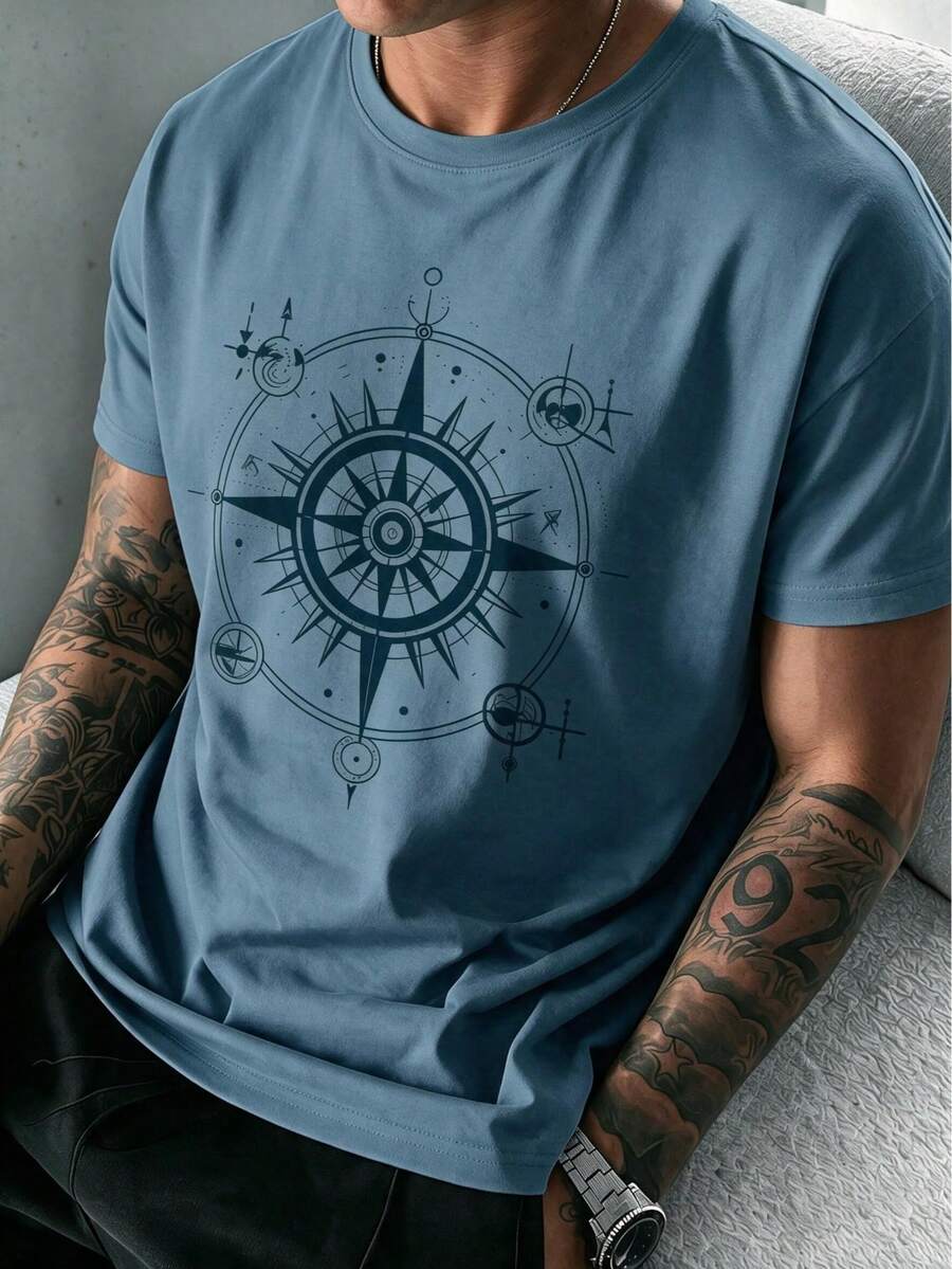 Men's Casual Graphic Printed Short Sleeve T-Shirt, Classic Fit Crew Neck Graphic Tee - Dusty Blue - View 1